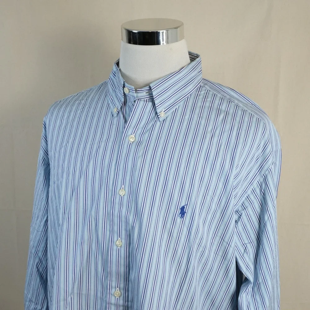 Polo Ralph Lauren XL Classic Fit Button Down Blue Striped 100% Cotton Mens